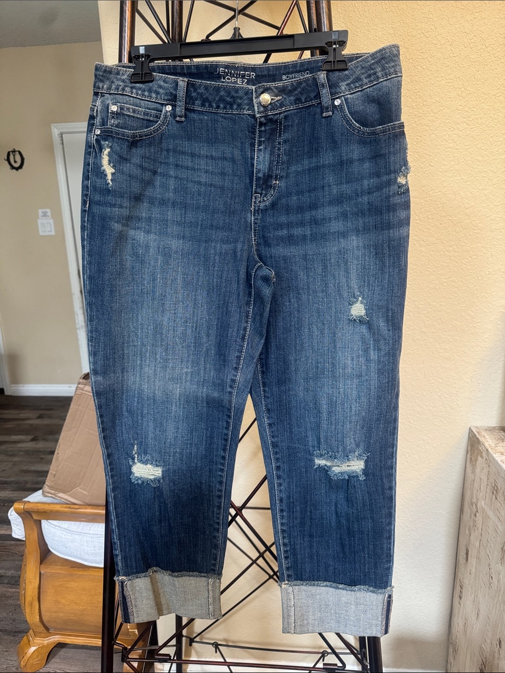 Jennifer Lopez Mid/Dark Blue Distressed Boyfriend Jeans